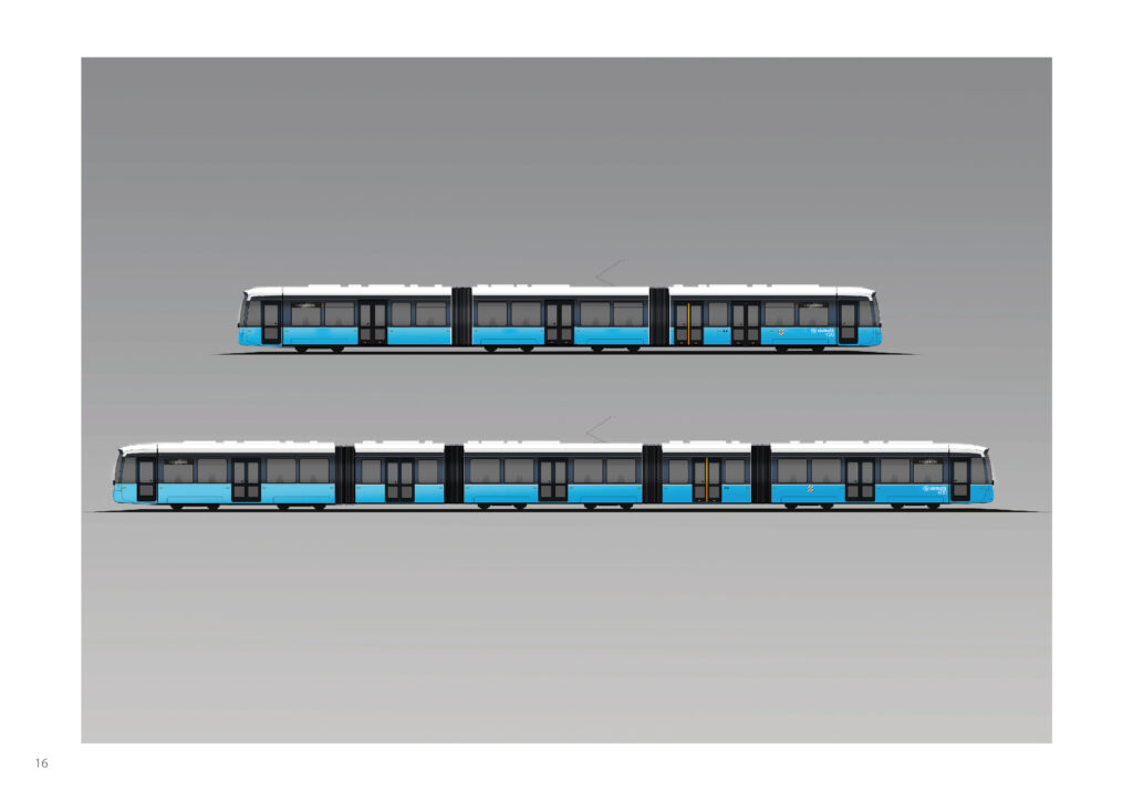 Illustrerad sidovy av nya spårvagnar