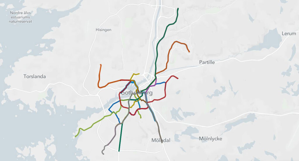 Karta över spårvagnsvägar i Göteborg